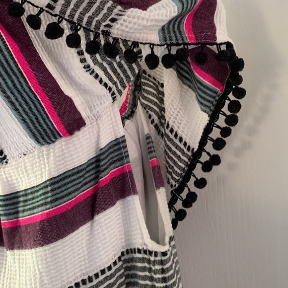 Saylor Angie Off-Shoulder Mini Dress size M/ Large pompom striped beach vacation - Picture 4 of 9